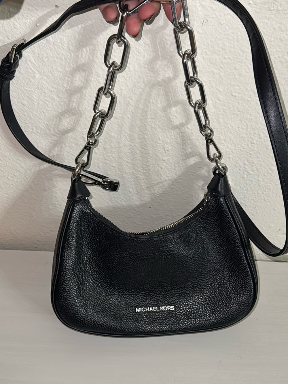Michael Kors Black Pebbled Leather Shoulder Bag with Silver Chain